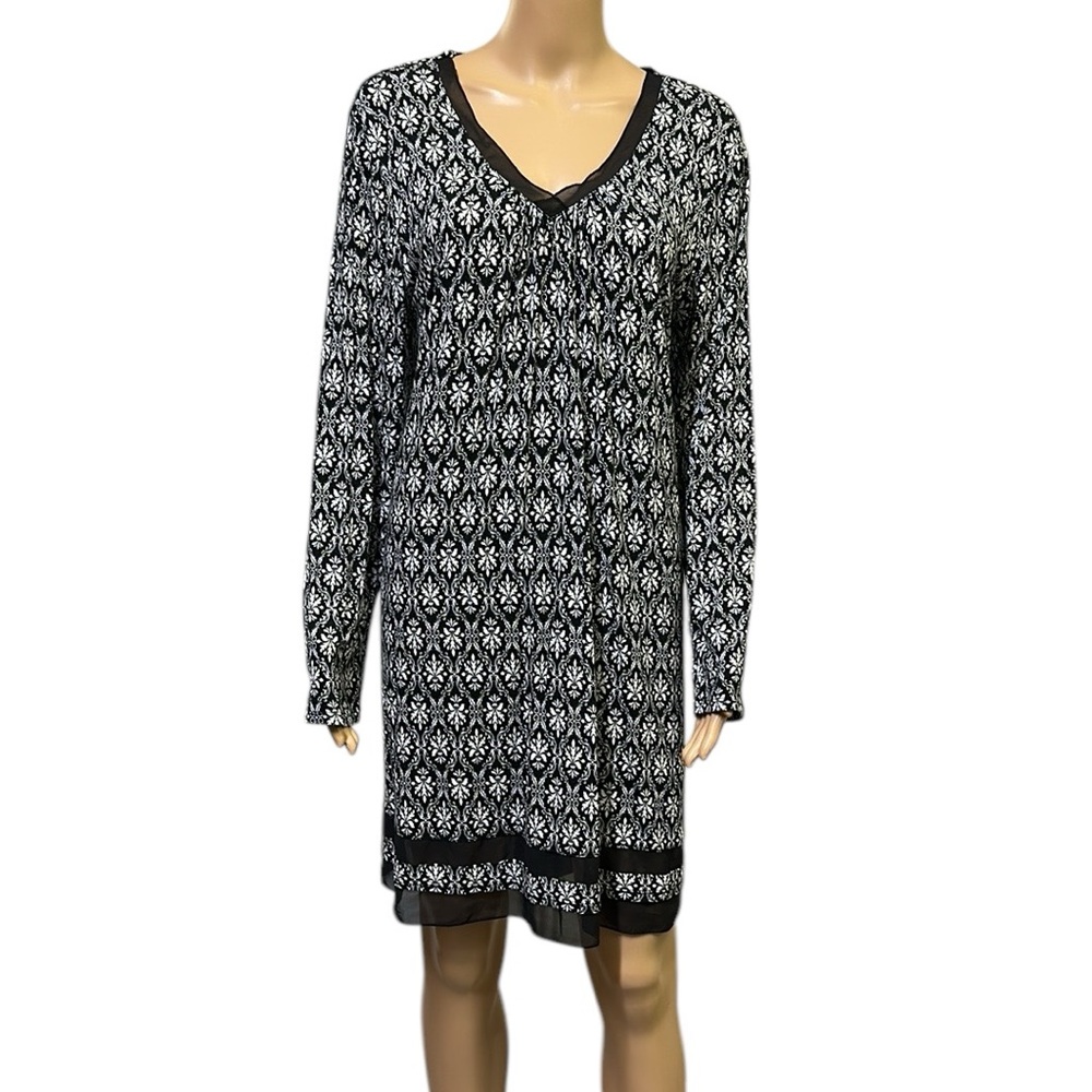Anne Klein Black White Rayon Spandex Lightweight Long Sleeve V Neck Dress Large